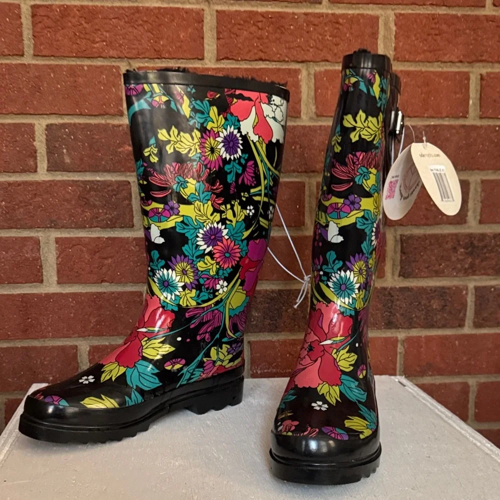 Sakroots Rhythm Black Floral Waterproof Tall Pull On Rain Boots - Picture 1 of 4